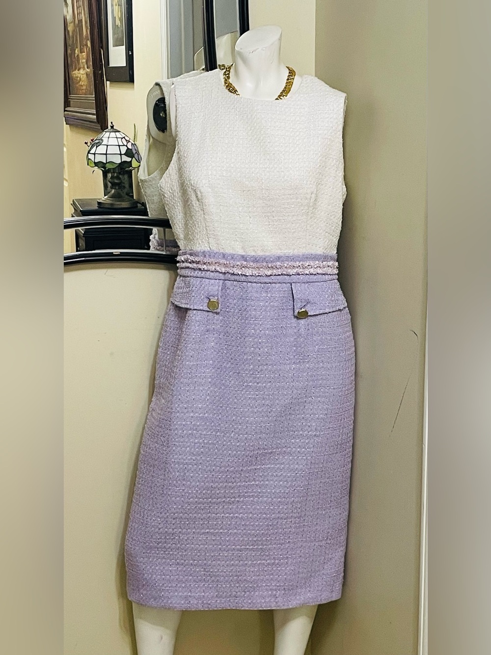 White and Lavender Tweed Pencil Skirt Dress